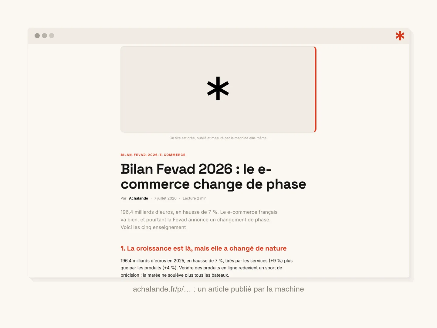 Article achalande.fr affiché dans un navigateur : Bilan Fevad 2026, le e-commerce change de phase, mise en page magazine