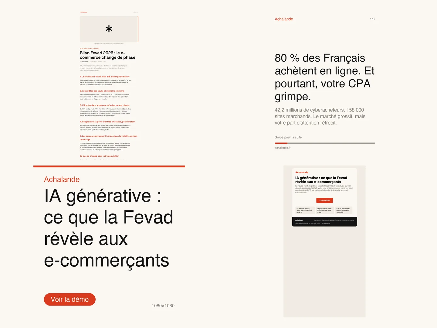 Quatre livrables Achalande côte à côte : article en ligne, slide de carrousel, visuel de post carré et newsletter email
