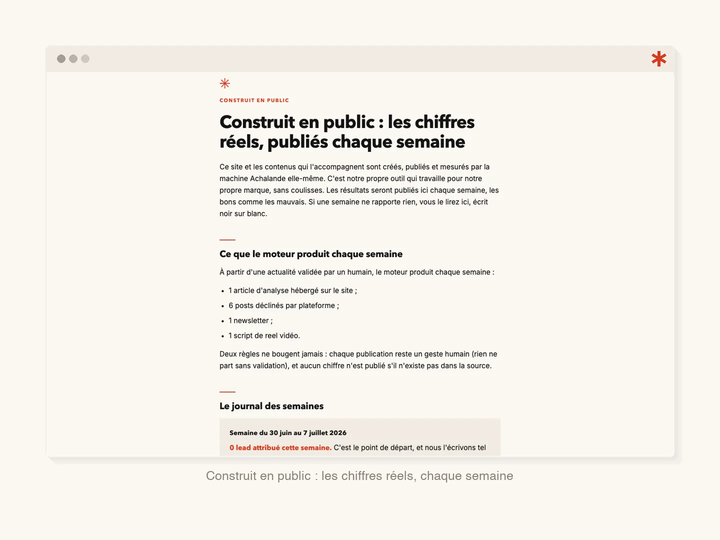 Page Construit en public d'achalande.fr : le journal des semaines et les chiffres réels publiés, les bons comme les mauvais