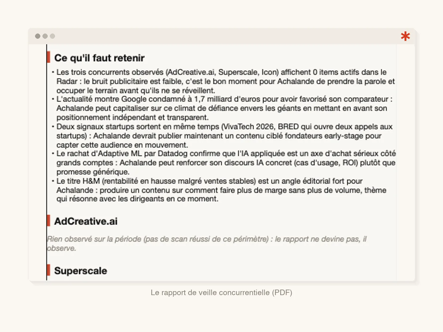 Première page du rapport de veille concurrentielle Achalande : synthèse Ce qu'il faut retenir et suivi de trois concurrents